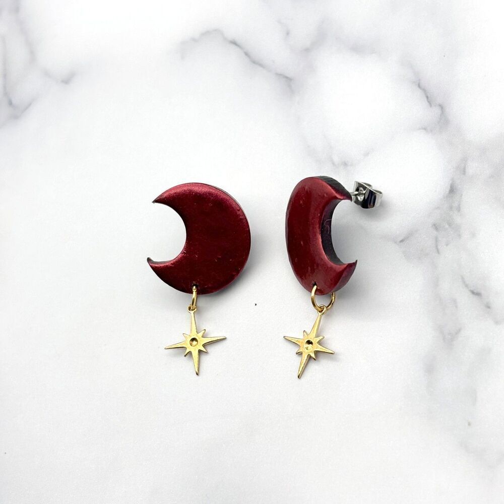 Red Moon and Star Dangle Earrings | Polymer Clay Crescent Jewelry - Picture 7 of 11